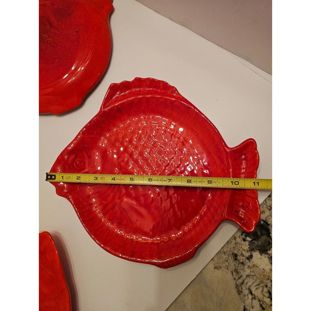 Vintage Holland Mold Red Ceramic Fish Plates S/4 MCM Nautical Signed‎ Pickle